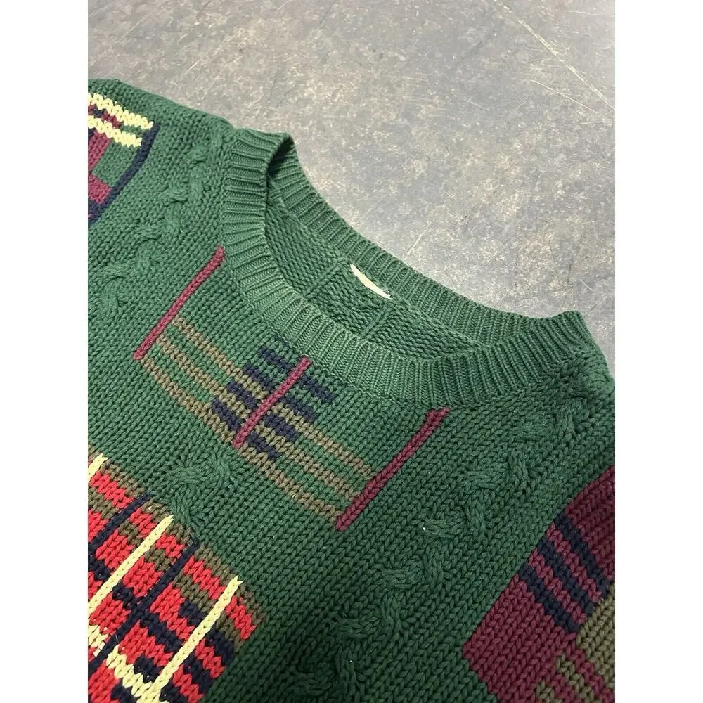 Cable Knit Christmas Sweater Forest Green Geometric Checked Crew Neck Mens Large